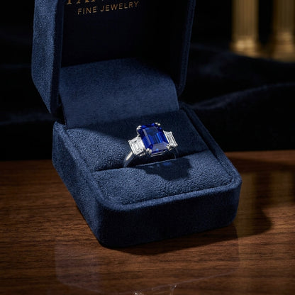 Sapphire & Diamond 3 Stone Emerald Cut Ring In Platinum — gift presentation