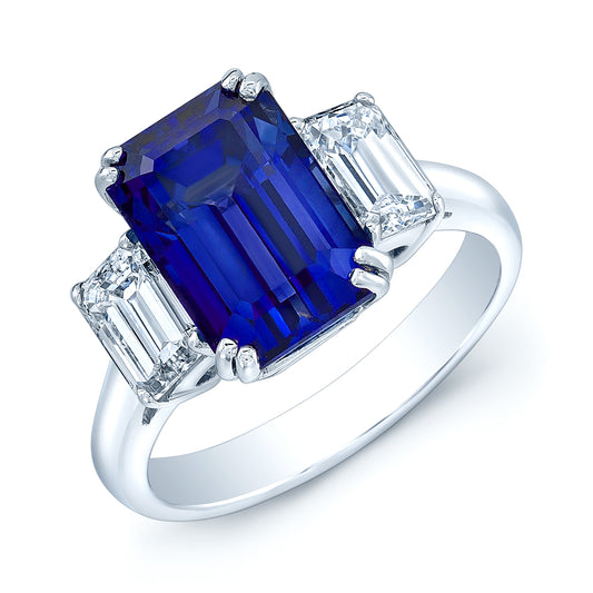 Sapphire & Diamond 3 Stone Emerald Cut Ring In Platinum