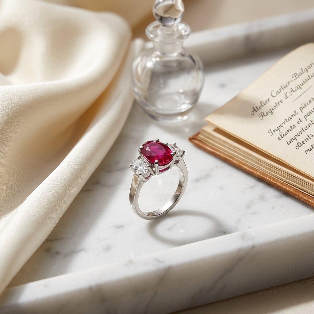 Ruby Oval And Diamond 3 Stone Ring Platinum — atelier still life