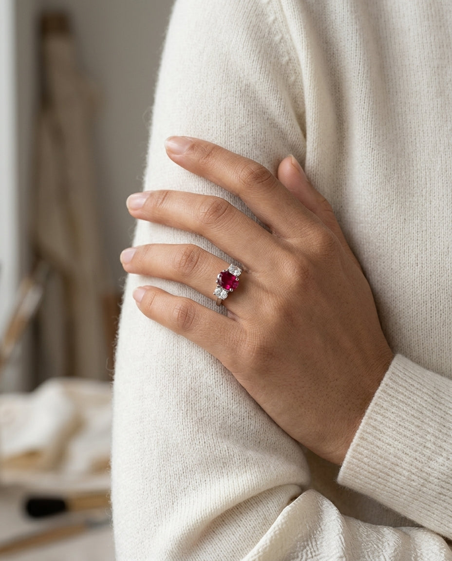 Ruby Oval And Diamond 3 Stone Ring Platinum — editorial close-up