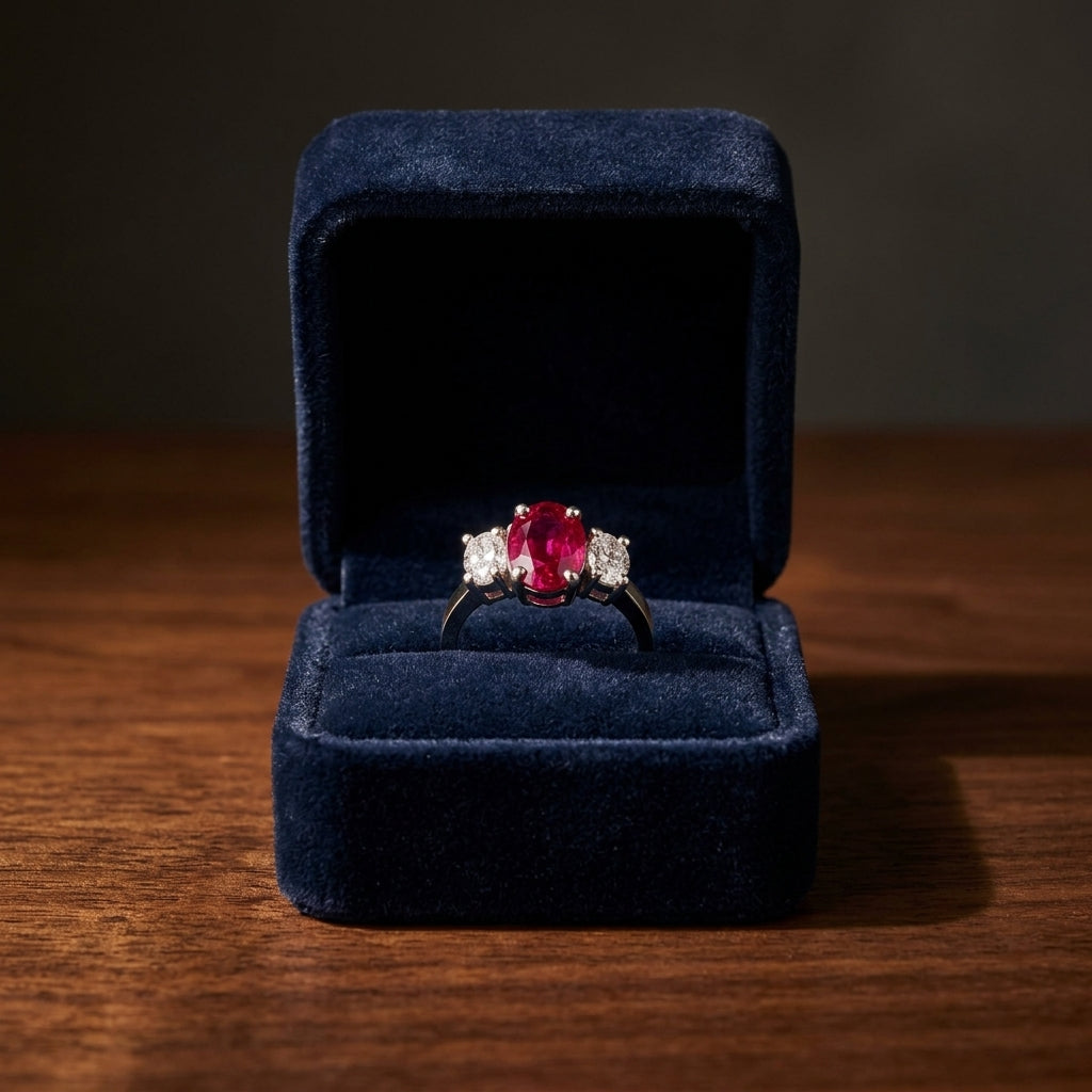 Ruby Oval And Diamond 3 Stone Ring Platinum — gift presentation