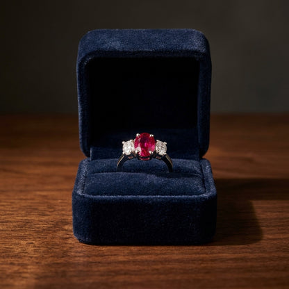 Ruby Oval And Diamond 3 Stone Ring Platinum — gift presentation
