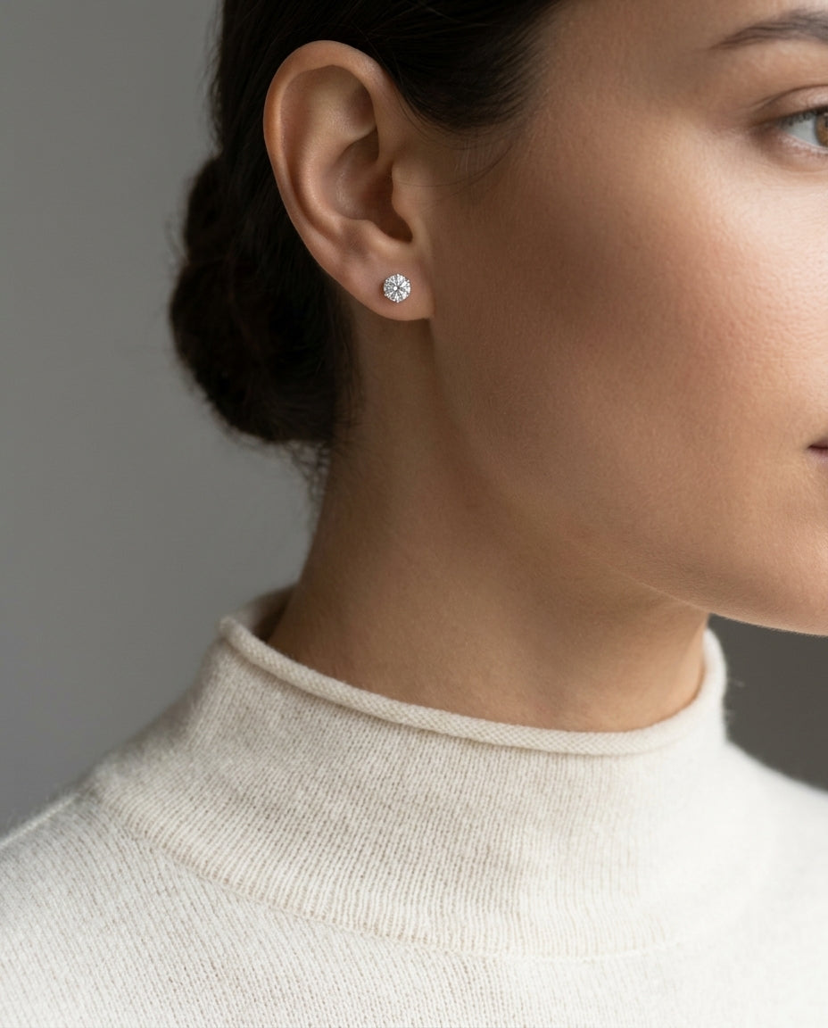 Platinum 3-prong Round Brilliant Diamond Stud Earrings (0.75 Ct. T.w., Vs1-vs2 Clarity, F-g Color) — editorial close-up