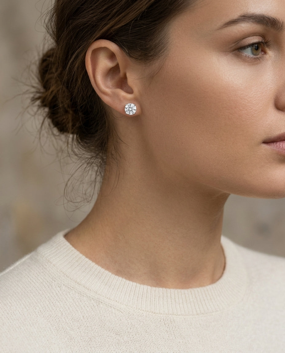 Platinum 3-prong Round Brilliant Diamond Stud Earrings (0.75 Ct. T.w., Si1-si2 Clarity, J-k Color) — editorial close-up
