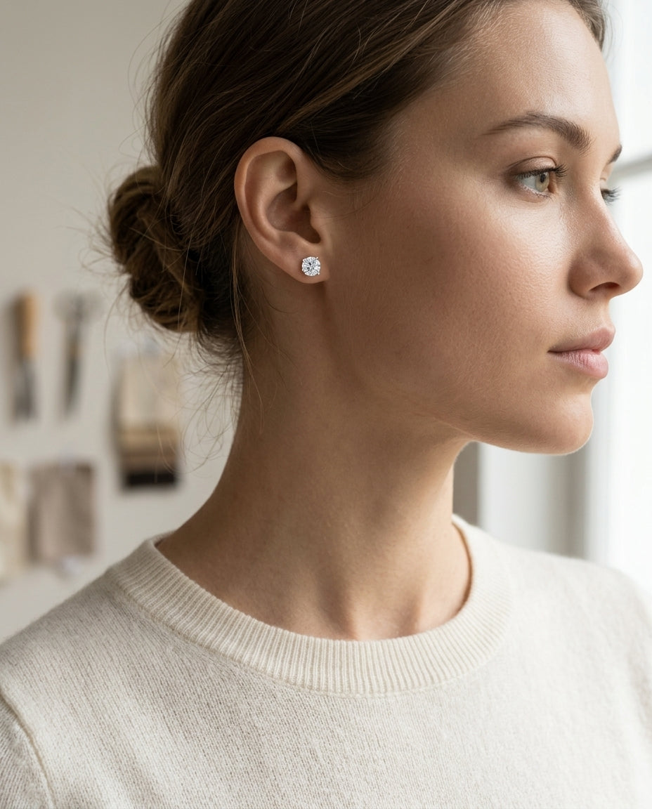 Platinum 3-prong Round Brilliant Diamond Stud Earrings (2.09 Ct. T.w., Si1-si2 Clarity, H-i Color) — editorial close-up