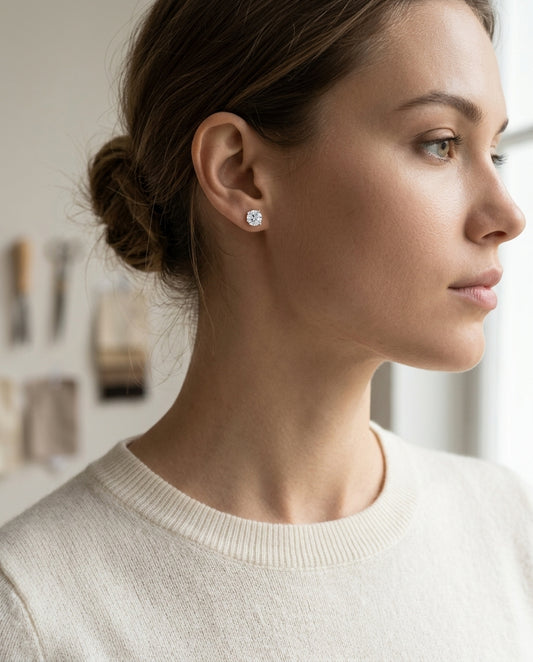 Platinum 3-prong Round Brilliant Diamond Stud Earrings (2.09 Ct. T.w., Si1-si2 Clarity, H-i Color) — editorial close-up