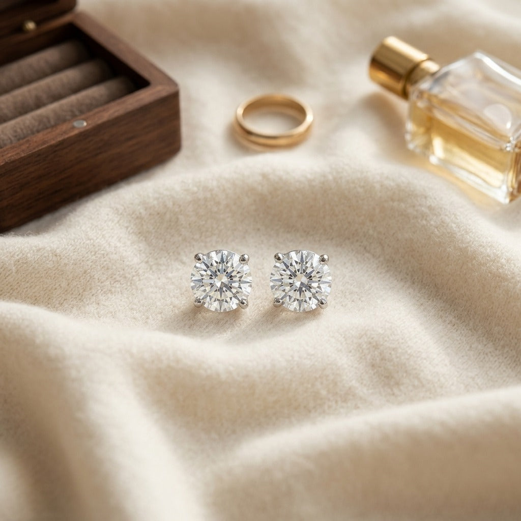 Platinum 4-Prong Round Brilliant Diamond Stud Earrings (0.75 Ct. T.w., Vs1-Vs2 Clarity, H-I Color) — textile flat lay