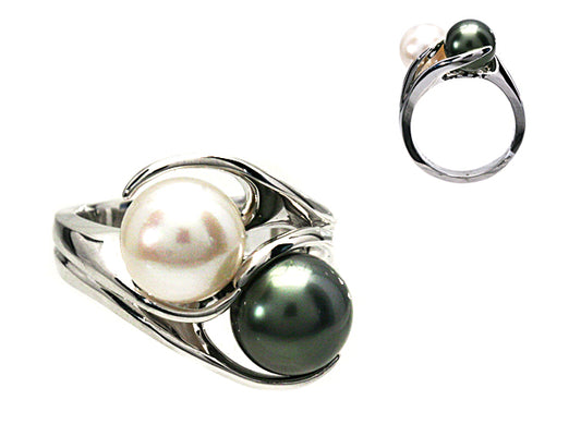 Black South Sea Pearl And Whte Akoya Pearl Bypass Ring In 14k White Gold