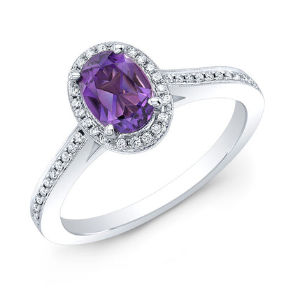 Amethyst Oval & Diamond Halo Ring In 14k White Gold (0.20ctw)